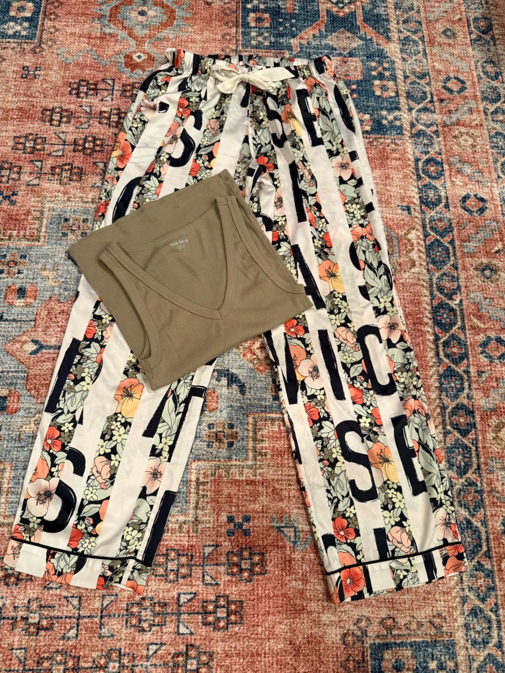 Victoria's Secret White & Black Floral Stripe Wide Leg Pajama Pants